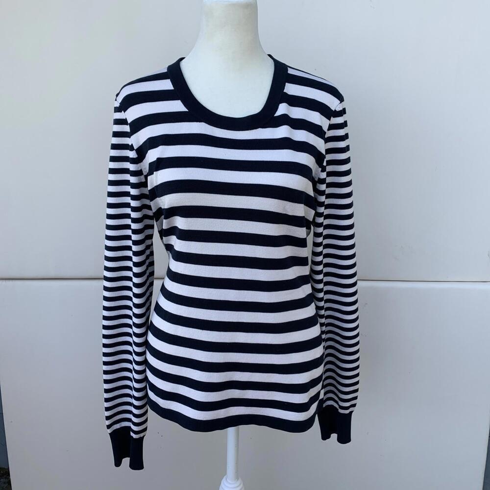 WORTH Womens Blouse Top Shirt cotton Silk White Navy Long Sleeve Stripe Sz M